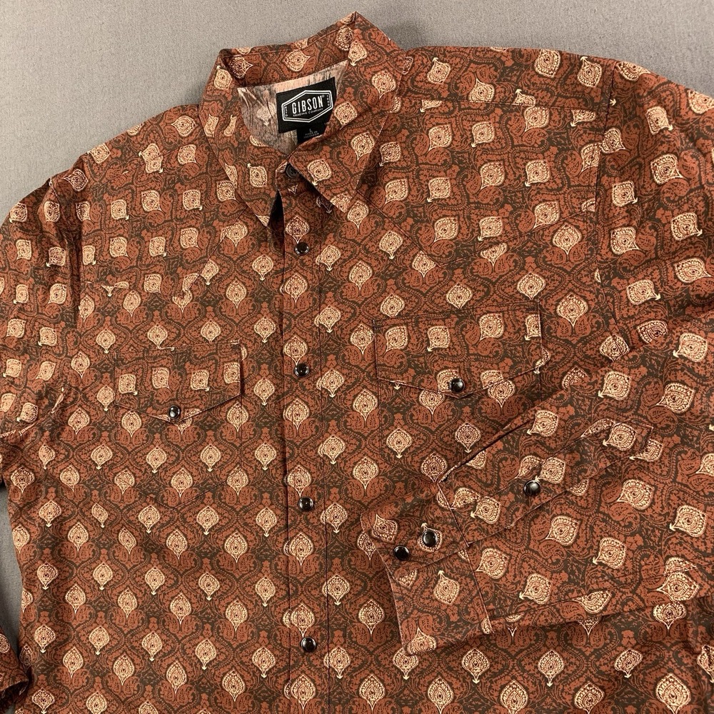 Gibson Burgundy Brown Paisley Pearl Snap Button Up Long SLV Men L Western Cowboy